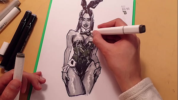 drawn Hot sexy girl in latex, quick sketch with markers